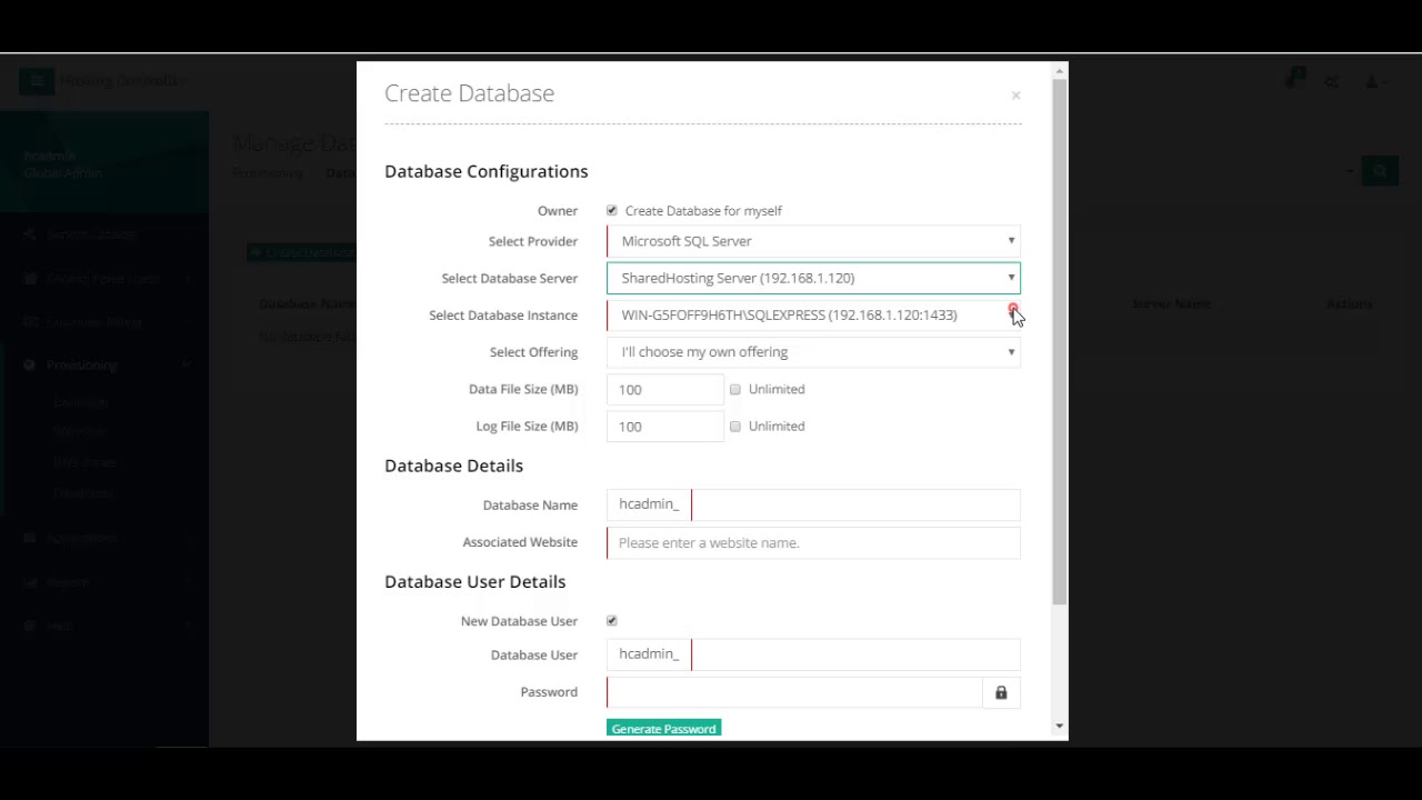 Creating a Database through Hosting Controller