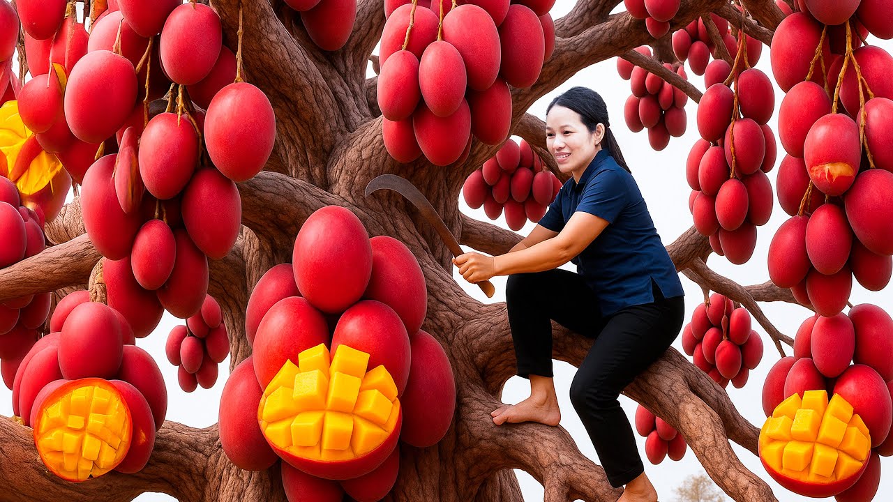 Harvesting Bright Red Asian Tropical Mangoes | Making Fresh Mango Salad & Selling at Village Market