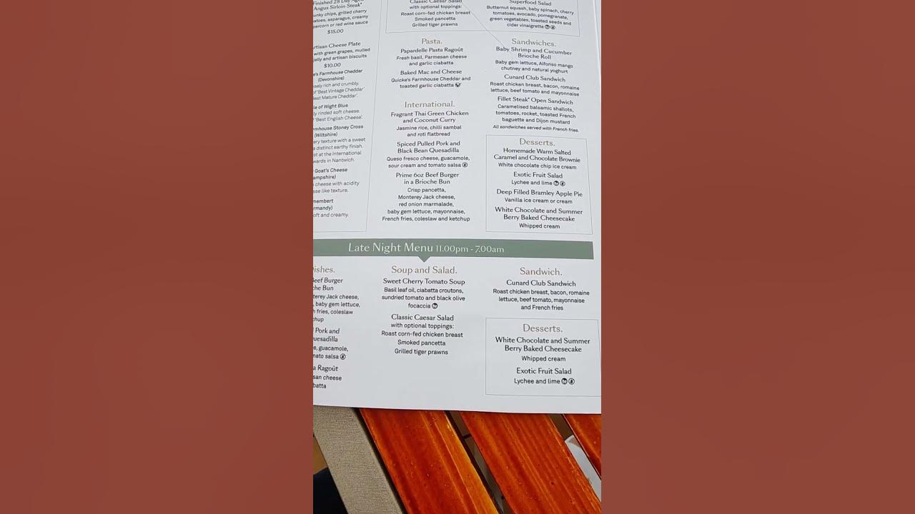 Cunard Room Service Menu. Full complimentary room service and drinks on