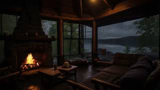 Lake Cabin Fireplace During Heavy Rain 🌧️ Perfect Ambience for Sleep and Relaxation