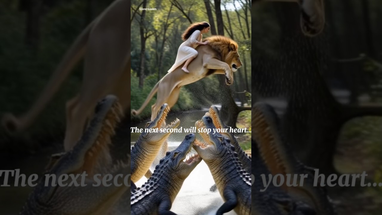 Женщина верхом на льве перепрыгивает через челюсти крокодила 😱🔥 