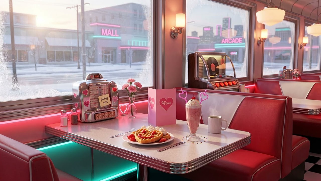 Retro 80s Diner Morning Ambience | Valentine's Breakfast Nook & Snow