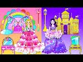 Paper Dolls Dress Up - Rainbow Castle VS Yellow Castle Crafts DIY | Rich Mommy and Poor Mommy Barbie