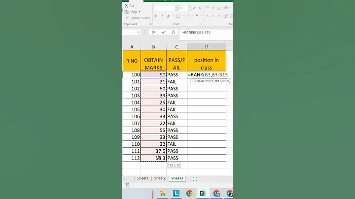 "rank" funciton excel find position no of a student in the class , science wala, sciencefunwala