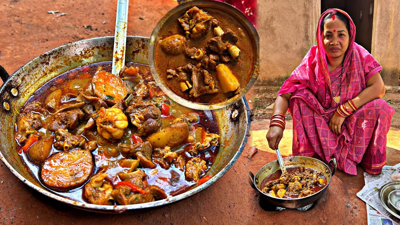 ଗାଁ କାଠ ଚୁଲି ରେ ଦେଶୀ ଷ୍ଟାଇଲ୍ ରେ ଖାସୀ ମାଂସ ଝୋଳ 😋|| Desi Mutton Curry In Village style || Odia#viral 