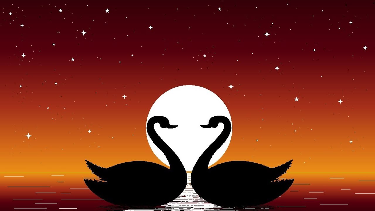 MS Paint Scenery Drawing | Two Swans Love Art with Moon | Easy Sunset Drawing | Ms paint drawing 