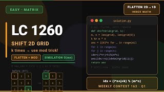LeetCode 1260 | Shift 2D Grid | Flatten 2D to 1D + Modulo Index Trick | Easy
