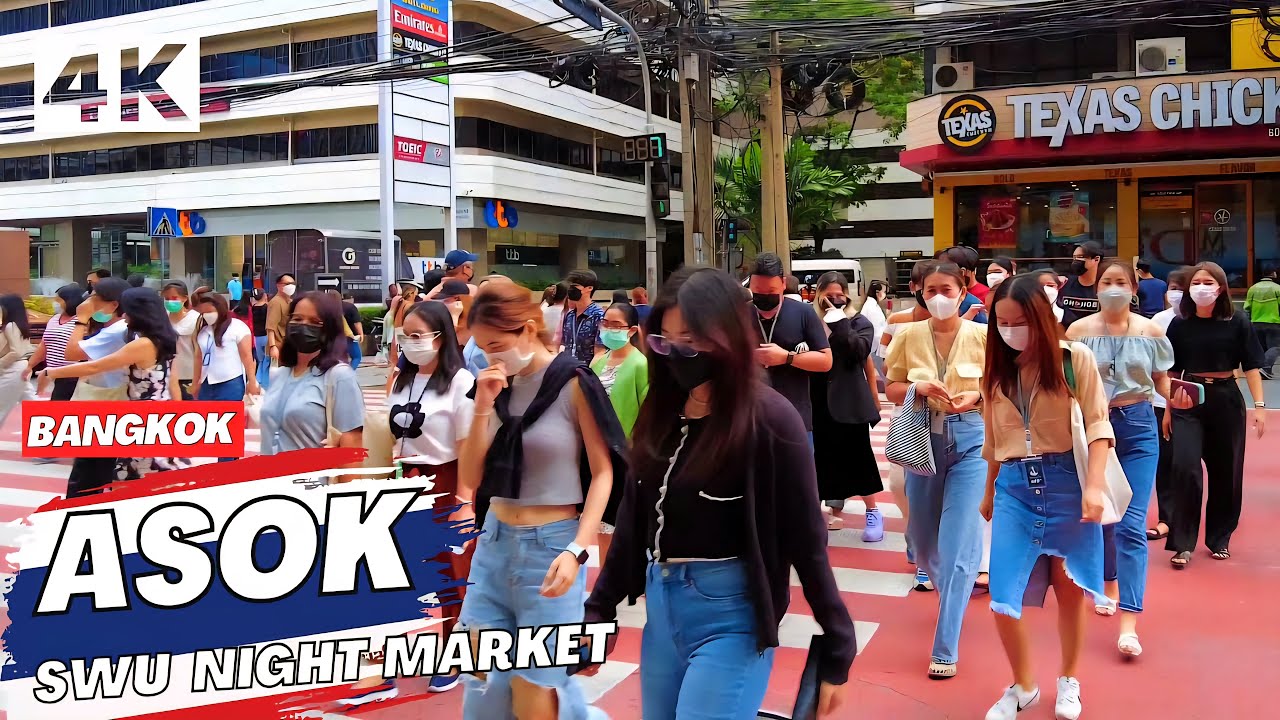[4K] Asok Area & SWU Night Market in Bangkok 🇹🇭 Walking Tour (ASMR City Sounds)