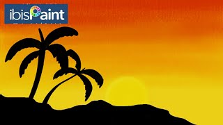 How to draw and color a red sunset sky in the background of a beach silhouette using ibispaint