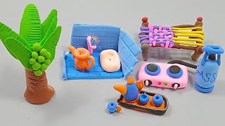 DIY How to make polymer clay miniature Bathroom, Kitchen set, Tree, charpai