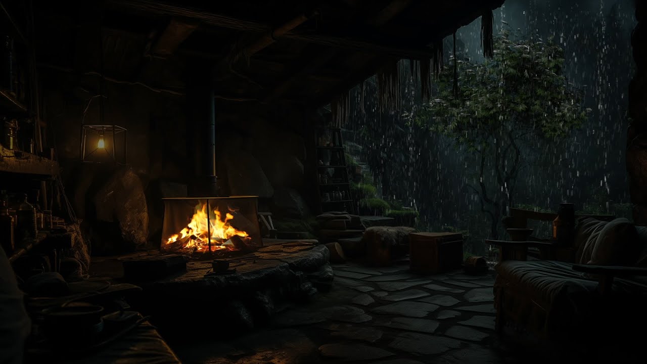 Taking Shelter from Rain & Thunder in a Cozy Cave 🔥12 Hours of ...