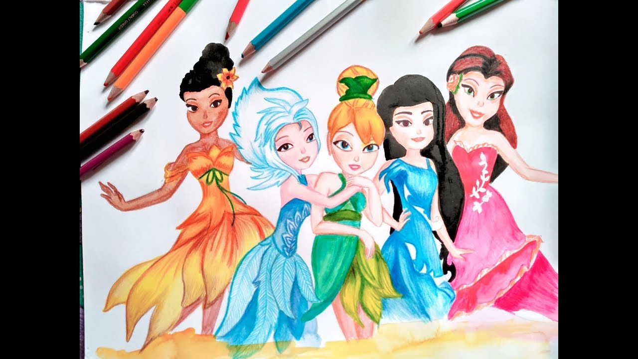 How to color Disney fairy || TINKER BELL with other fairies || TIME LAPSE DRAWING