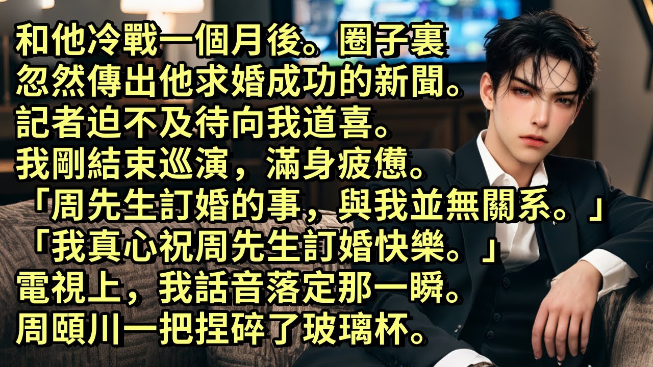 和他冷戰一個月後。圈子裏忽然傳出他求婚成功的新聞。記者迫不及待向我道喜。我剛結束巡演，滿身疲憊。「周先生訂婚的事，與我並無關系。我真心祝周先生訂婚快樂。」電視上，我話音落定那一瞬。周頤川捏碎了玻璃杯。