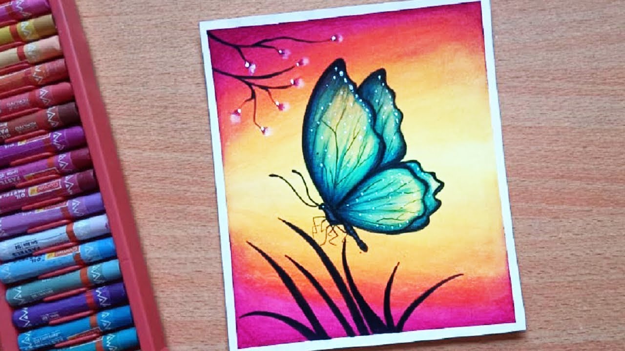  Easy  Butterfly Scenery  Drawing  with Oil  Pastels  Step by 