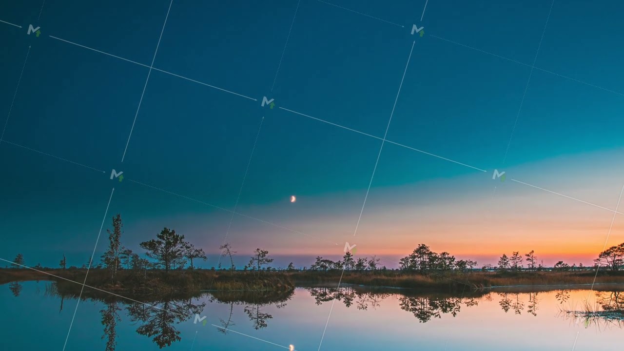 Starlight Reflections In Water. 4K Sunset And Moon Rising Above Water Surface. Landscape With Lake
