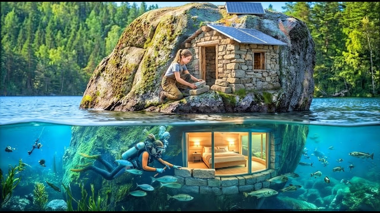 Building an Underwater House ASMR – This Girl Built a Stone Home Beneath the Water All By Herself