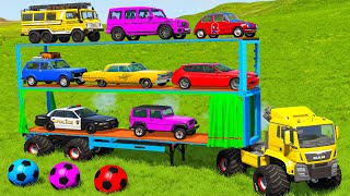 Flatbed Trailer Cars Transporatation with Truck Rescue - Cars vs Deep Water - BeamNG Drive