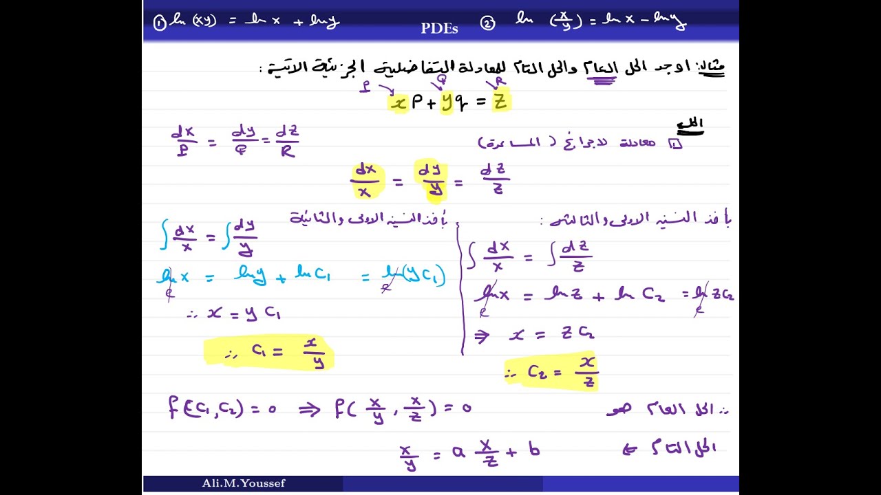 حل المعادلات التفاضلية الجزئية الخطية من الرتبة الاولى - معادلة لاجرانج المساعدة - على الهلالى