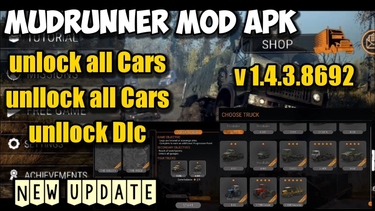 Mudrunner mod apk v1.4.3.8692, мод меню. Разблокировка всех автомобилей+карт+dlc. Без рута, mudru...