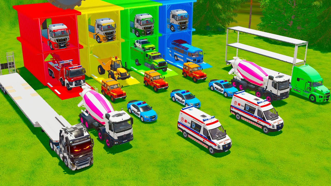 TRANSPORTING RESCUE VEHICLES, POLICE CARS, AMBULANCE, CONCRETE MIXER, DUMP TRUCK TO GARAGE - FS22