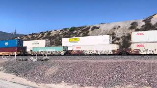 BNSF 7102 Leads Eastbound Stack Train Passes Through Blue Cut CA.