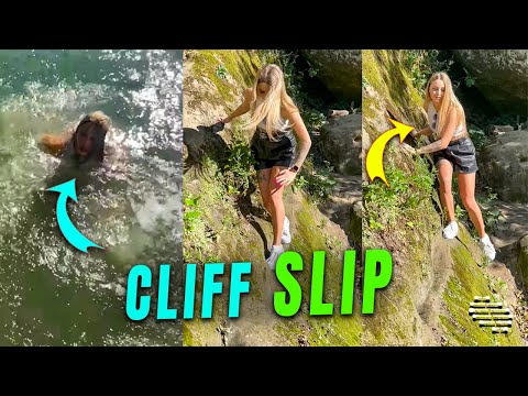 Girl Slips and Falls Into Water While Traversing the Cliff Side