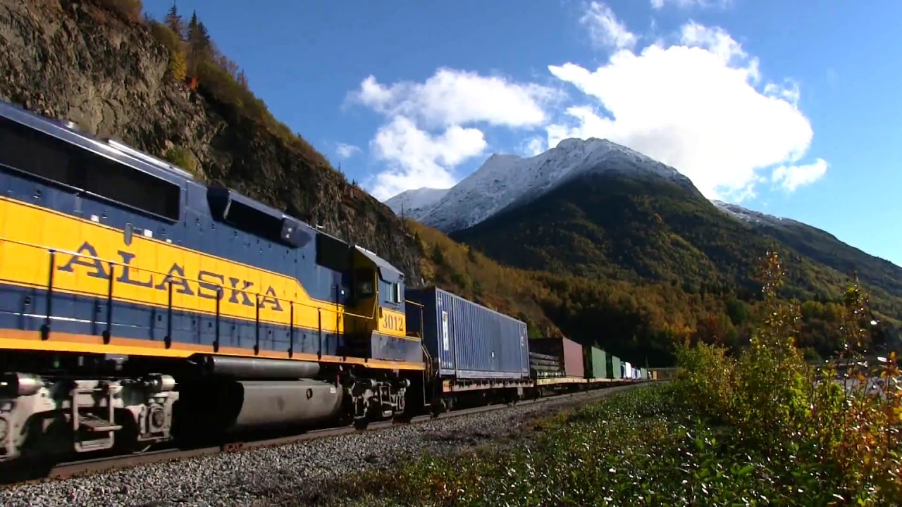 Beautiful scenery with Alaska railroad GP40-2's and freight train Octo...