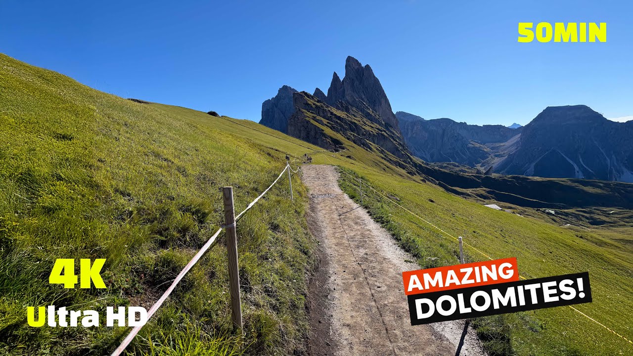 Virtual Run 4k - 50 Minute Treadmill Workout Scenery Seceda - Italian Dolomites