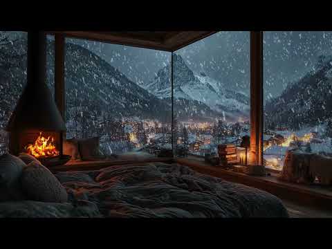 Serene Cabin Ambience Crackling Fireplace And Night Snowfall For Calm Comfort Deep Sleep 