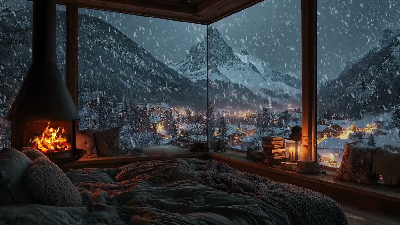 Serene Cabin Ambience | Crackling Fireplace and Night Snowfall for Calm, Comfort & Deep Sleep 😴