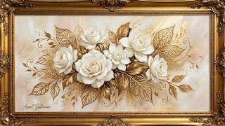 Elegant White Roses & Golden Leaves in Vintage Frame | 4K Cozy TV Art screenshot 1