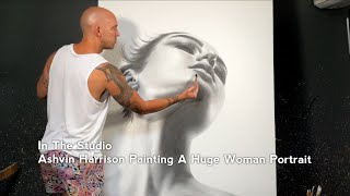 Ashvin Harrison Artist Painting A Large Woman Portrait with Coconut Charcoal Dust and Acrylic