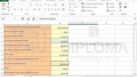 Use the PRICEDISC function to calculate the price(per $100) of a discounted security (Excel 2013)