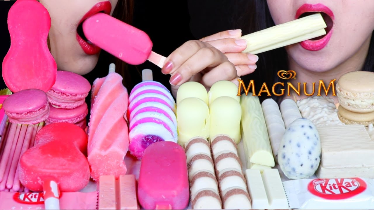 ASMR PINK MAGNUM ICE CREAM, STRAWBERRY ICE CREAM, CHOCOLATE MARSHMALLOW, MACARON, KINDER, KITKAT 먹방
