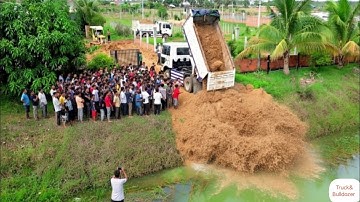 Nice Complete Project! Skill Bulldozer Pushing Soil Into Water And 5 Ton Dump Truck Unloading Soil