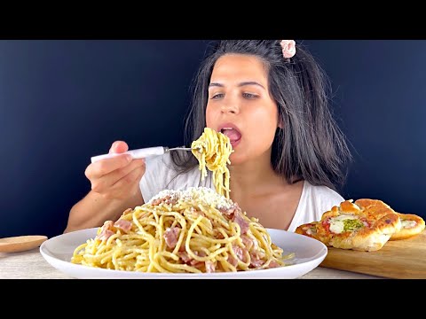 BACON CREAM SPAGHETTI & MOZZARELLA BREAD | MUKBANG | EATING SOUNDS | ASMR