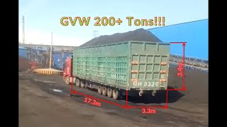 140 tons is min. weight of trucks in this video--- tremendous loaded trailer trucks