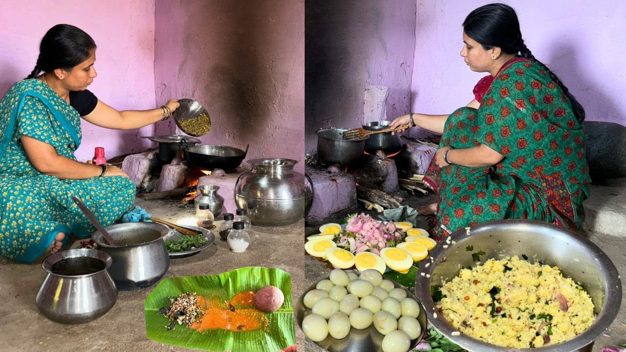 Village women prepares Gorikayi Biryani Egg Bonda Poha Green Mung Dal Sambar|Family Traditional Life