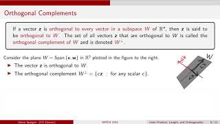 MATH 3191: Orthogonal Complement of a Subspace