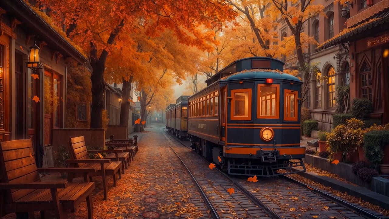 September Jazz Vibes 🍂 Rainy Autumn Outdoor Coffee Shop Ambience with Vintage Tram Street Sounds
