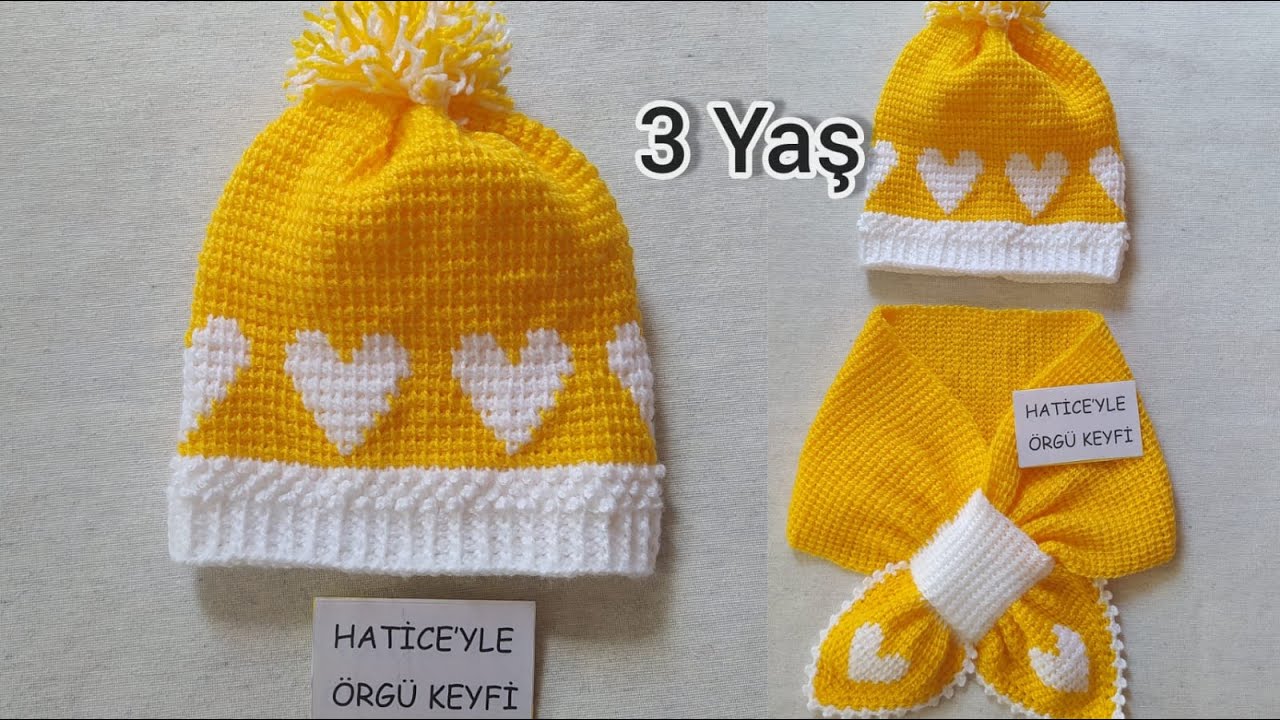 Gülen Kalpler Çocuk Beresi Nasıl Örülür. 3 Yaş. Tunus İşi Kalp Desenli Bebek Şapkası Yapımı