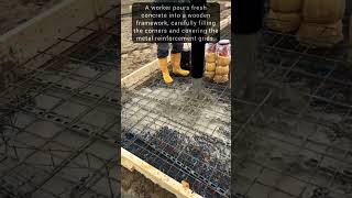 Professional Worker Pours Concrete Mix Into Slab Foundation