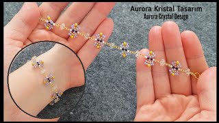 Cute chain bracelet making with crystal and seed beads. Bead woven tutorial. Beaded bracelets.