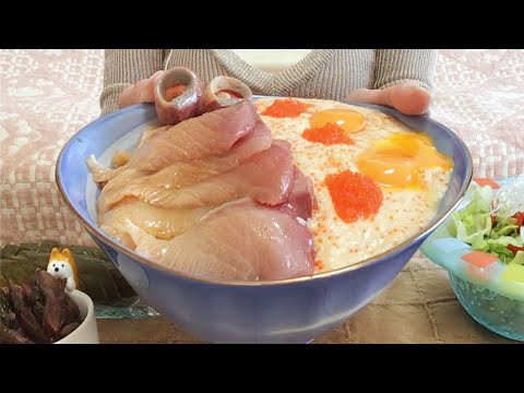 20190523【咀嚼音】【ASMR】【mukbang】とろろとびっ子と ブリのお刺身丼 サラダ お新香 食べるだけ 一人飯 飯枠 飯動画 Mukbang