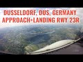 Dusseldorf airport, Germany: Approach and landing on runway 23R. DUS/EDDL. Airbus cockpit view. 4k.