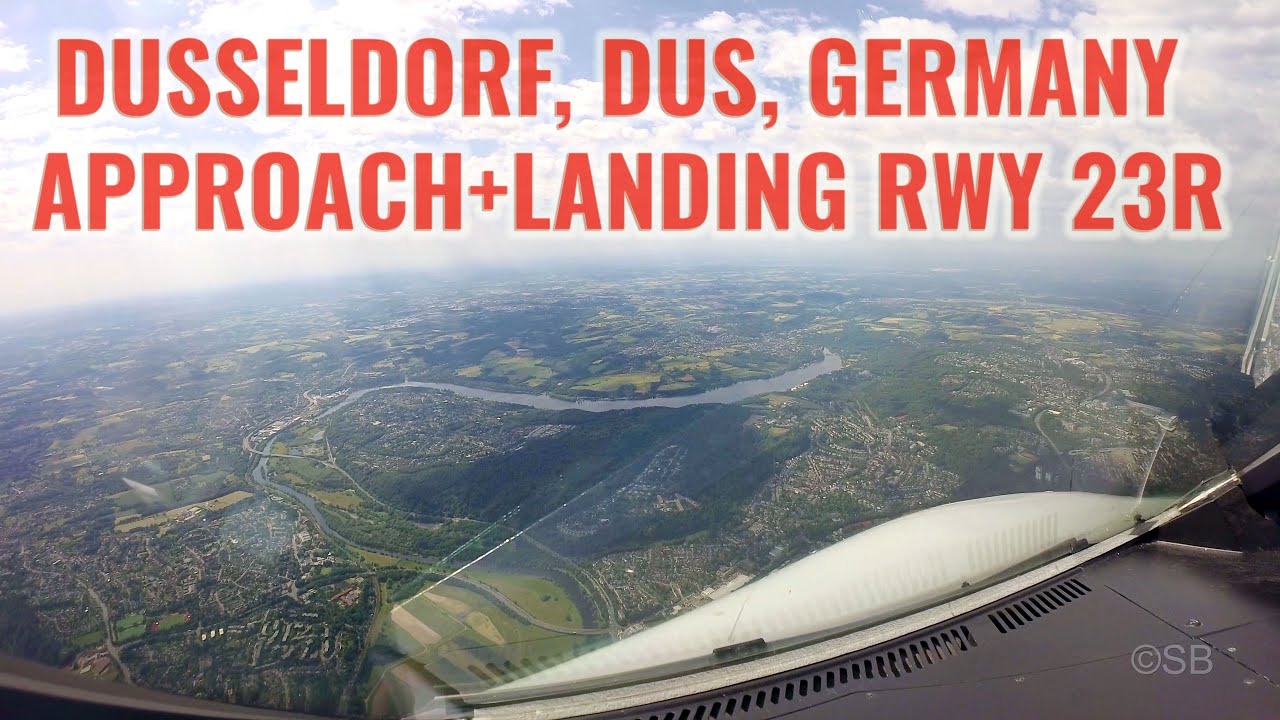 Update Dusseldorf airport, Germany: Approach and landing on runway 23R. DUS/EDDL. Airbus cockpit view. 4k.