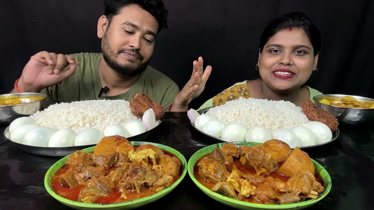 eating challenge egg mutton curry soyabein curry rice