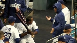 Hyun-Jin Ryu 류현진 Steals Juan Uribes Bats 4-25-14 Dugout Craziness