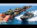 Russian Vehicles Convoy Crossing Sea via Damaged Bridge Trapped by Missile