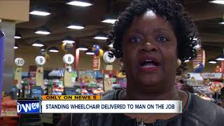Standing wheelchair delivered to cashier with spina bifida at Canton Giant Eagle
